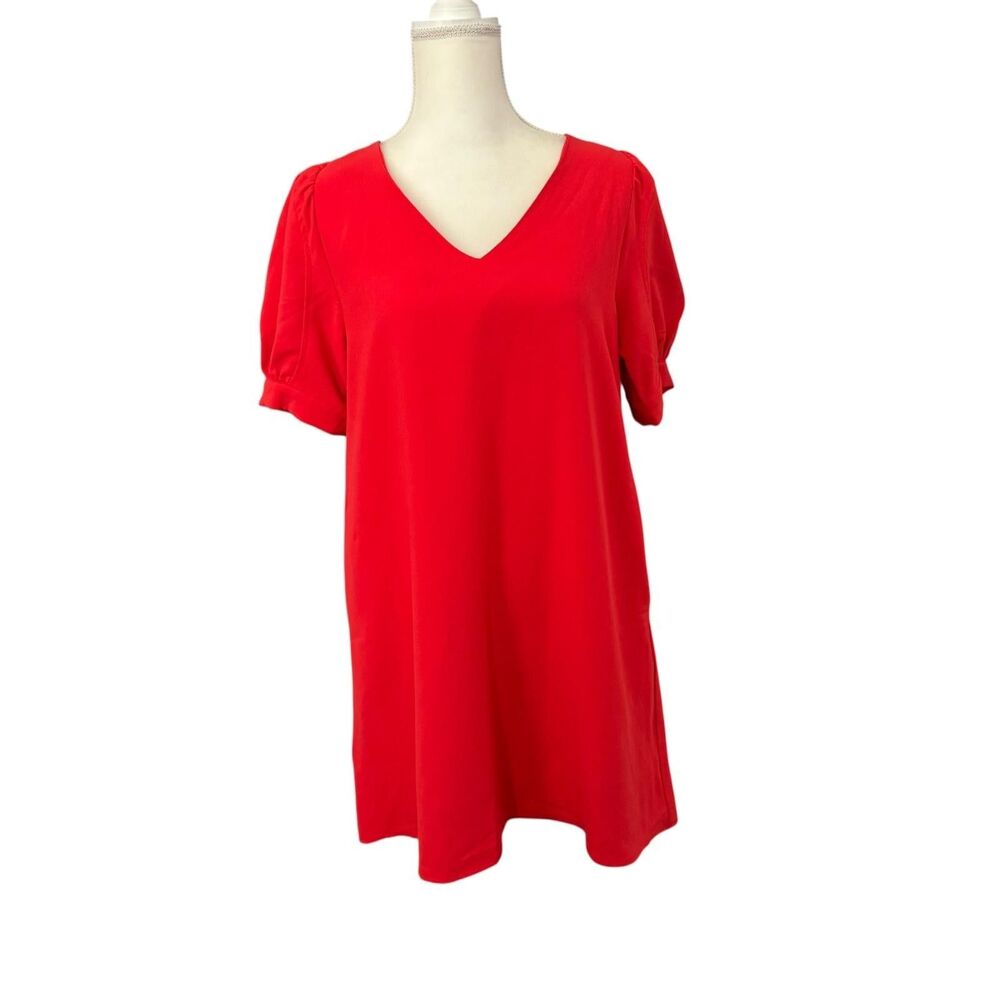 Jodifl Dress Womens Small Red V Neck Puff Sleeve Shift Pockets Short Casual